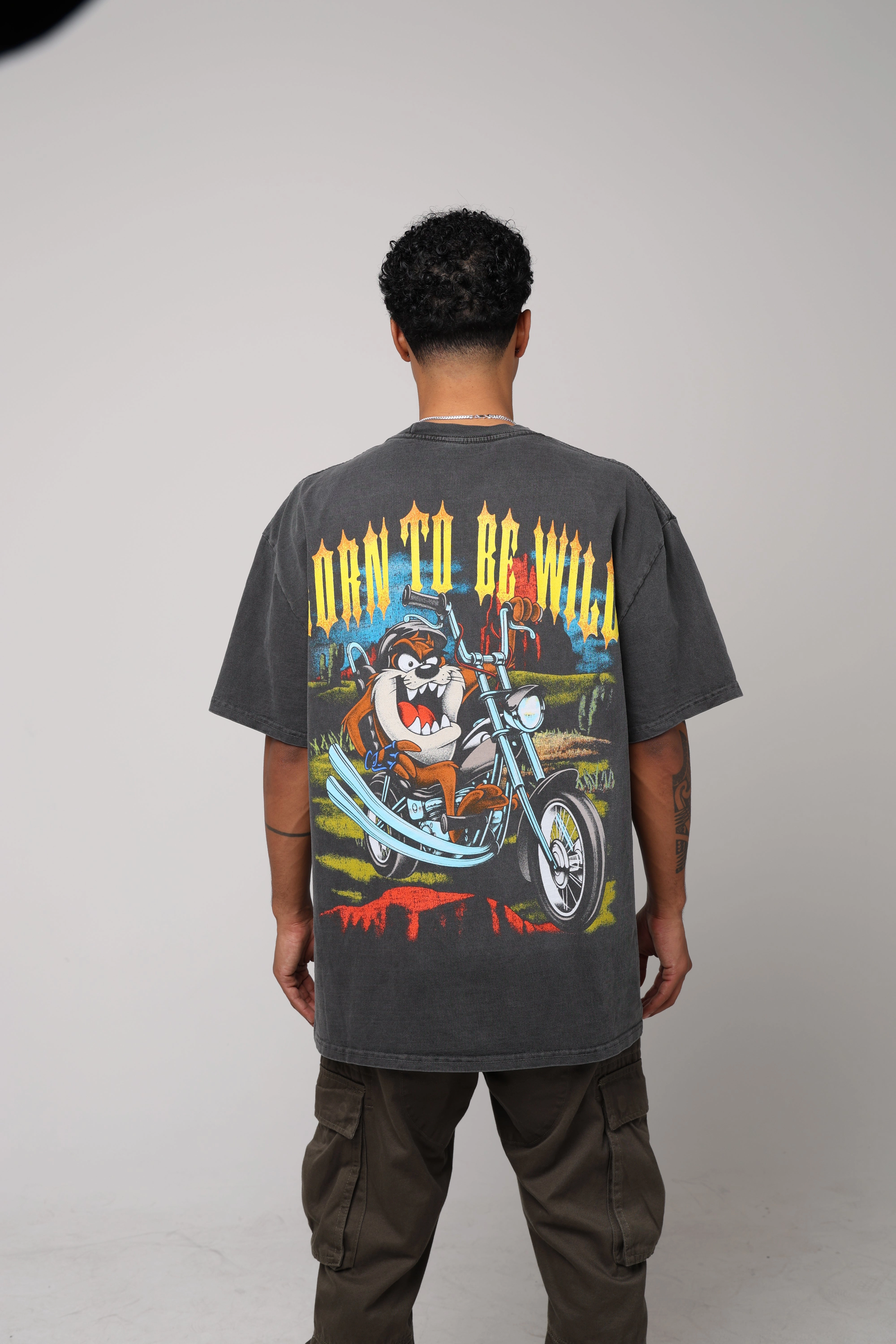 American Thrift X Looney Tunes Taz Motorcycles Heavyweight Vintage T-Shirt Black Wash