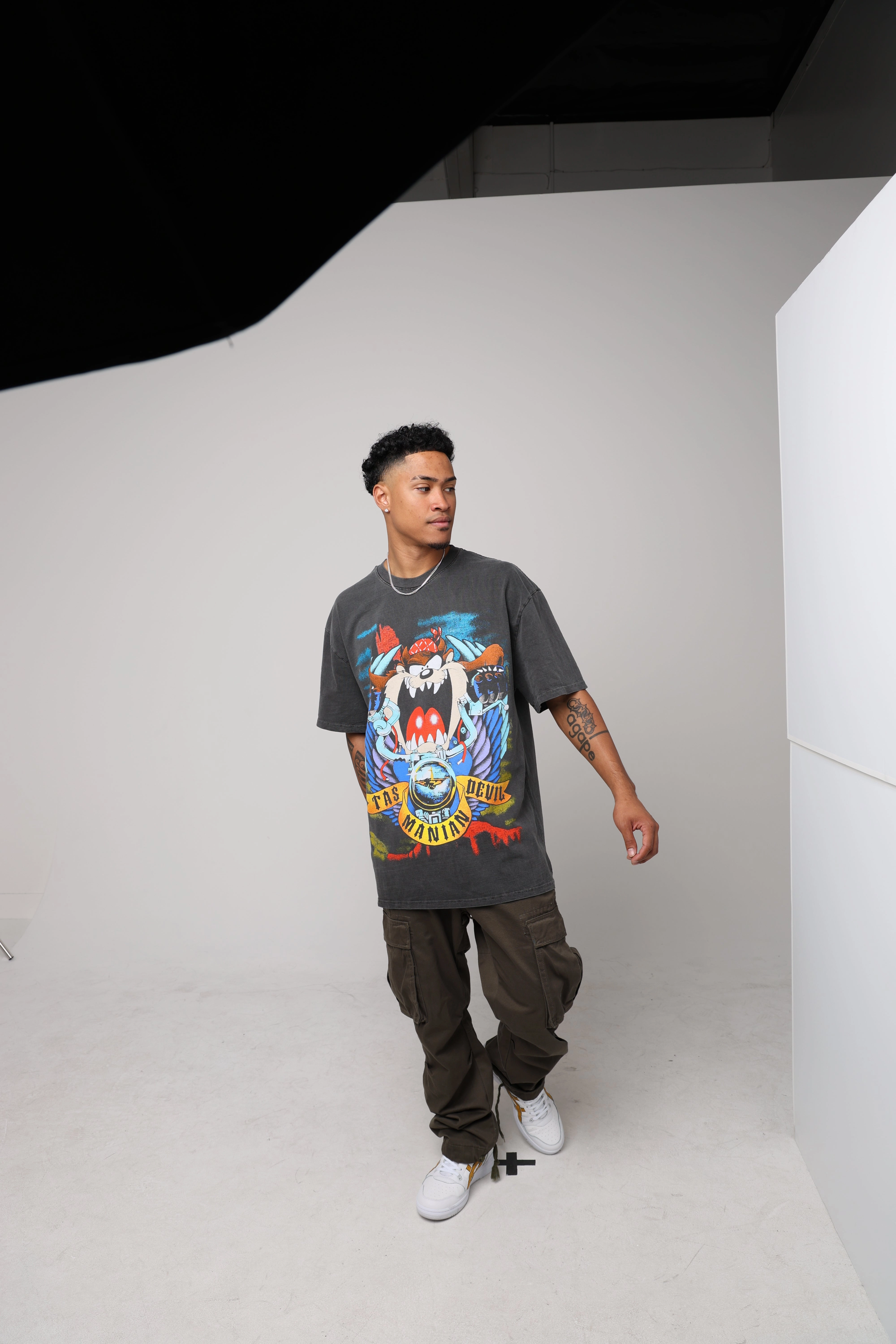 American Thrift X Looney Tunes Taz Motorcycles Heavyweight Vintage T-Shirt Black Wash
