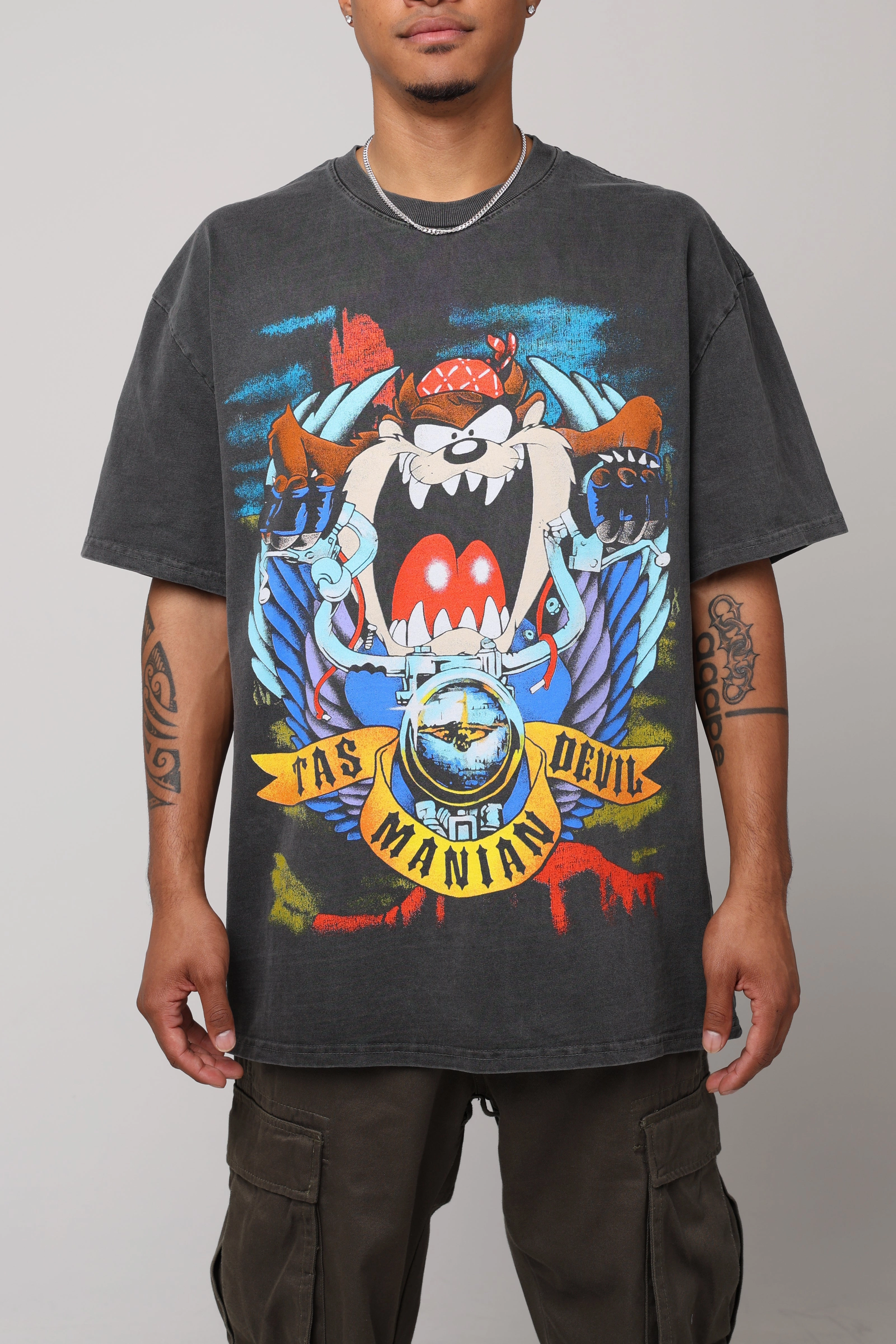 American Thrift X Looney Tunes Taz Motorcycles Heavyweight Vintage T-Shirt Black Wash
