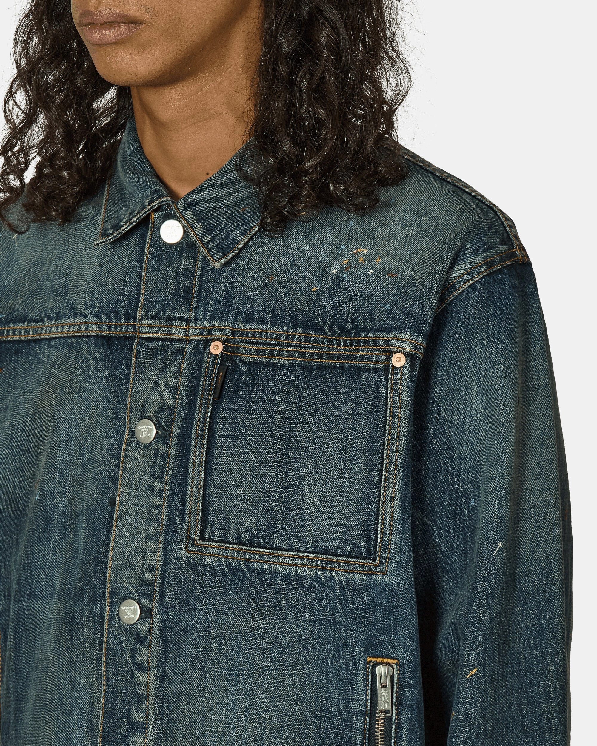 Cross Embroidery Distressed Denim Jacket Light Blue Indigo