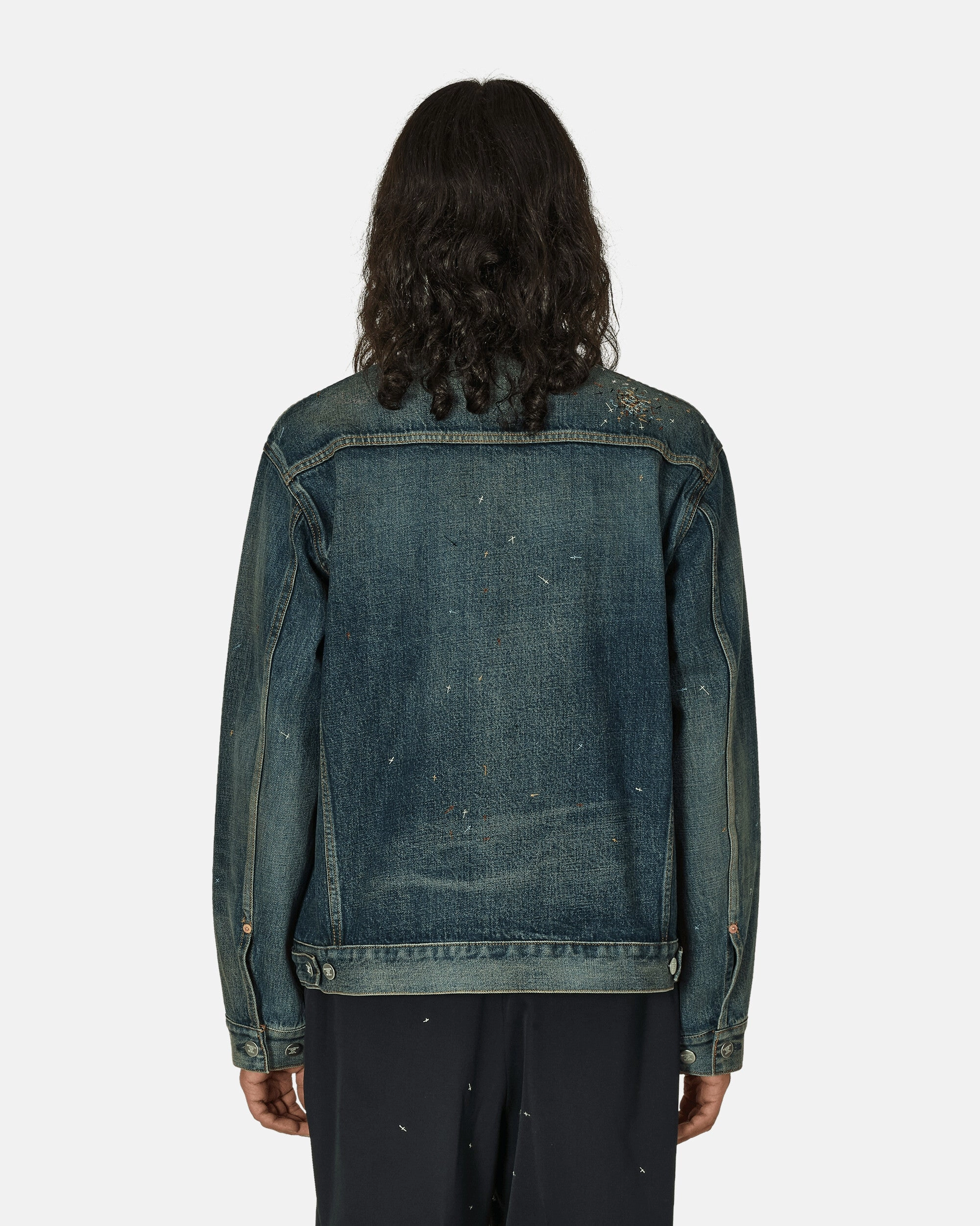 Cross Embroidery Distressed Denim Jacket Light Blue Indigo