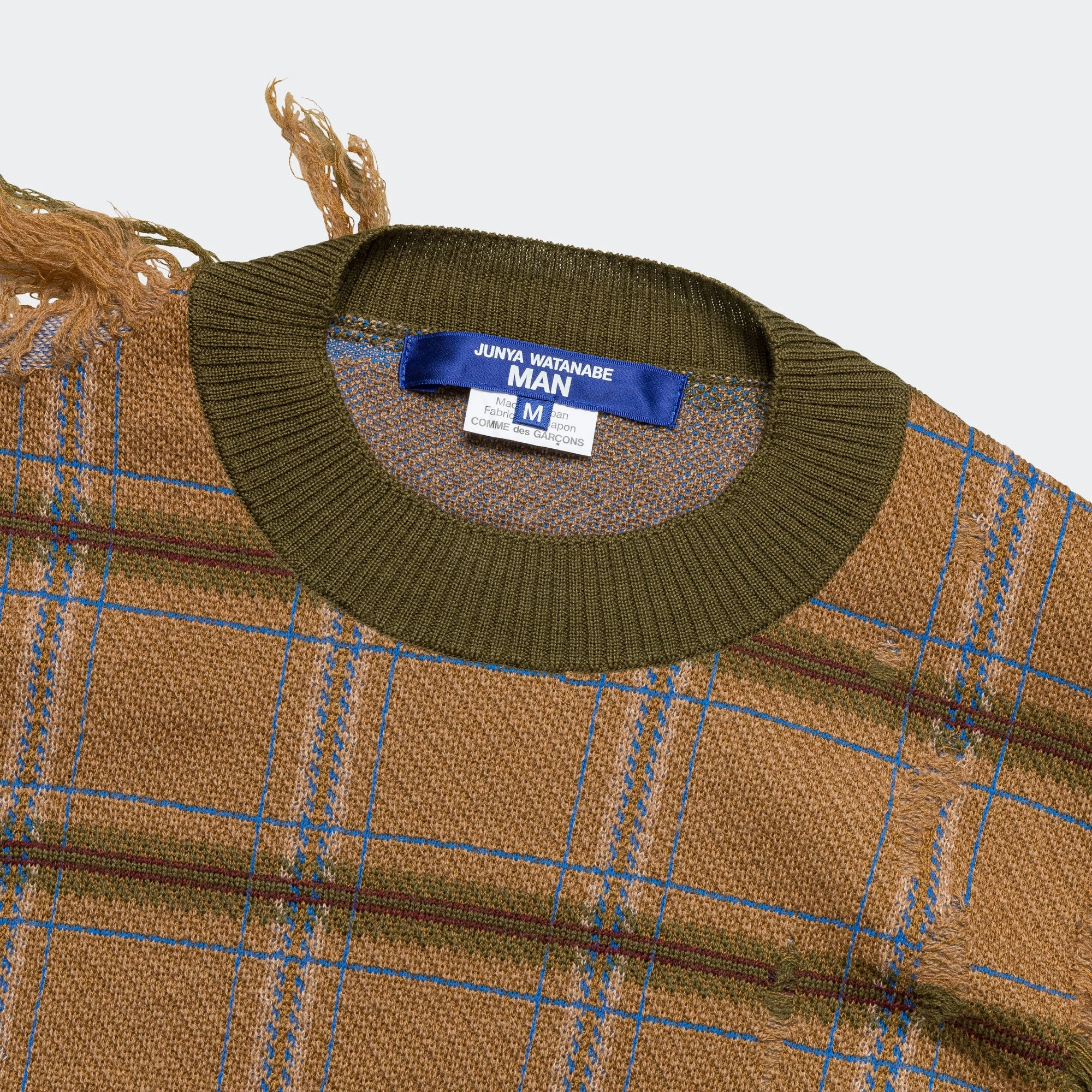 Distressed Check Knit Crew - Camel/Blue