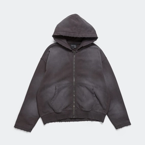 Distressed Zip Hood - Washed Black