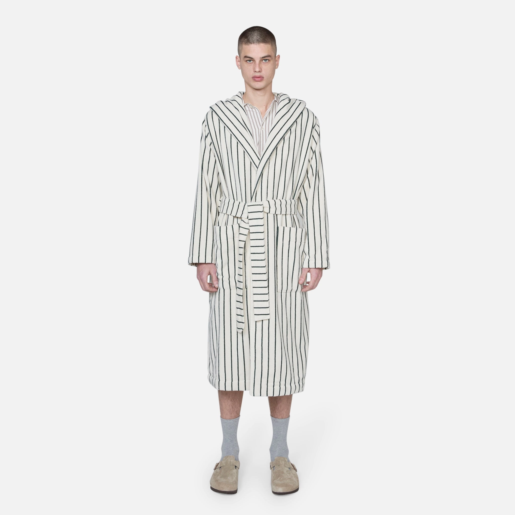 Hooded Bathrobe Striped Racing Green