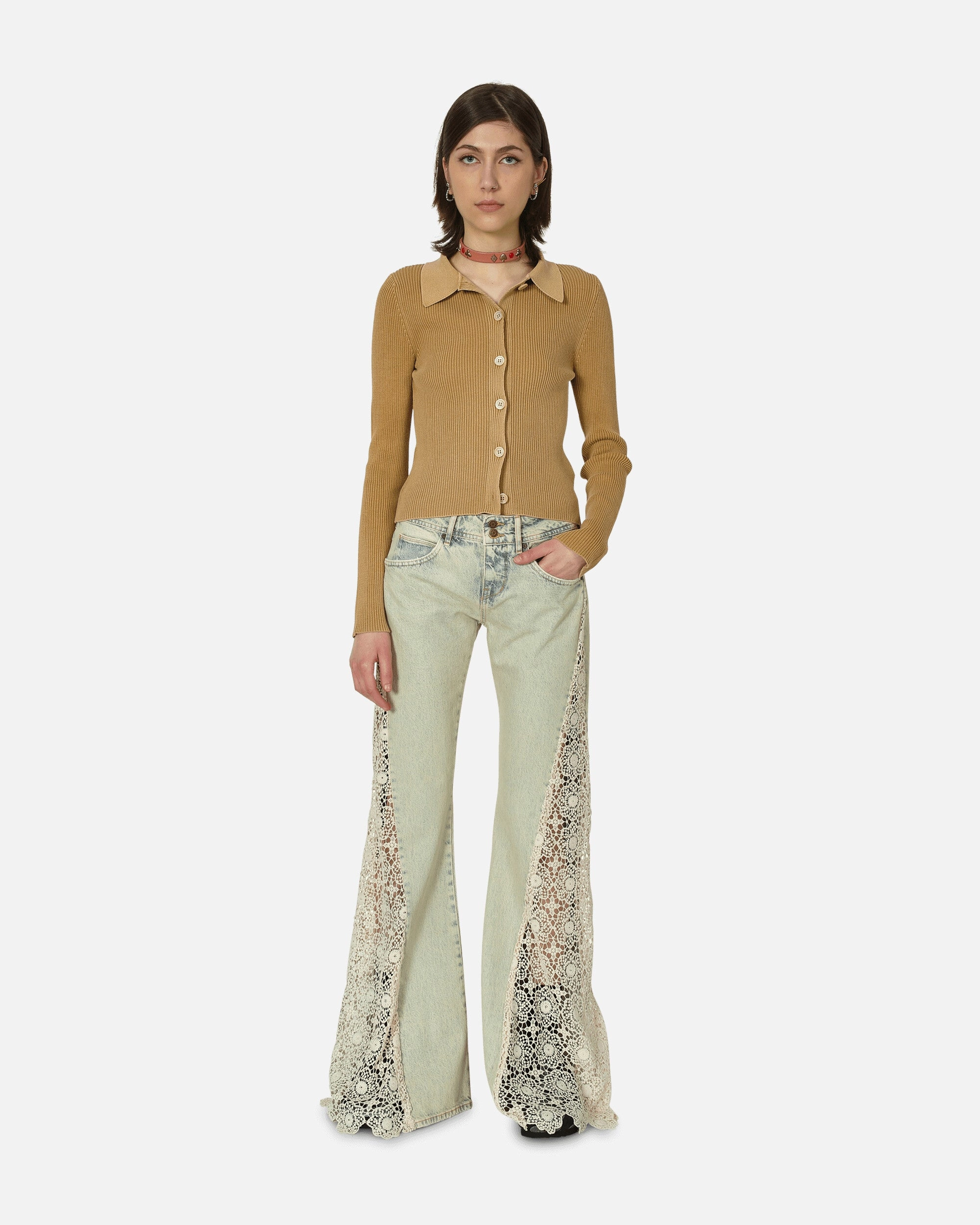 Lace Denim Flare Pants Tinted Light Wash