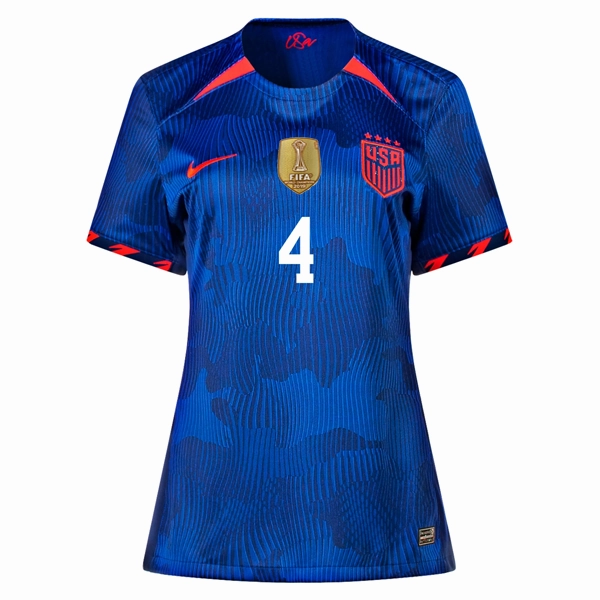 Nike Womens United States Becky Sauerbrunn 4 Star Away Jersey 23/24 w/ 2019 World Cup Champion Patch (Hyper Royal/Loyal Blue)