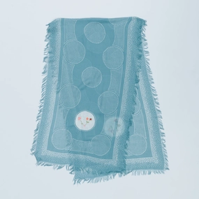 Rayon Dot Fringe Stole (Flower Embroidery) - Turqoise