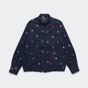 Zipper Blouson Embroidery On Print - Navy